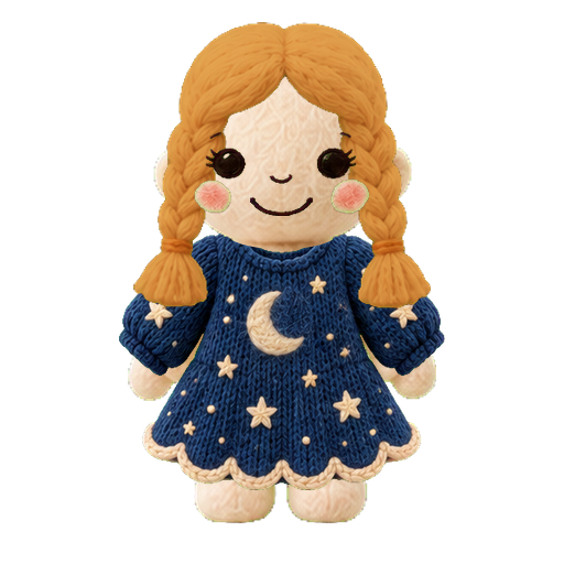 A felt doll with golden braids and a navy moon-and-stars dress.