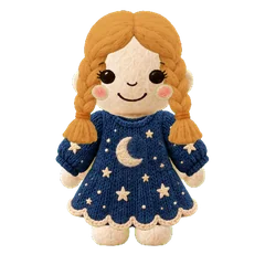 A felt doll with golden braids and a navy moon-and-stars dress.