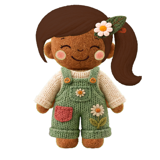 A felt doll with a brown ponytail, a daisy hair clip and green overalls.