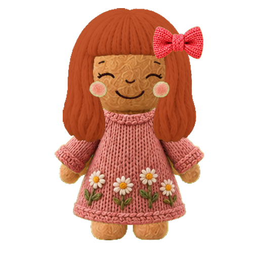 A felt doll with auburn hair, a coral bow and a rose flower dress.