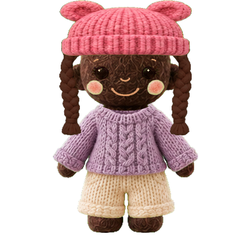A felt doll with brown braids, a pink bear-ear beanie and a lavender sweater.