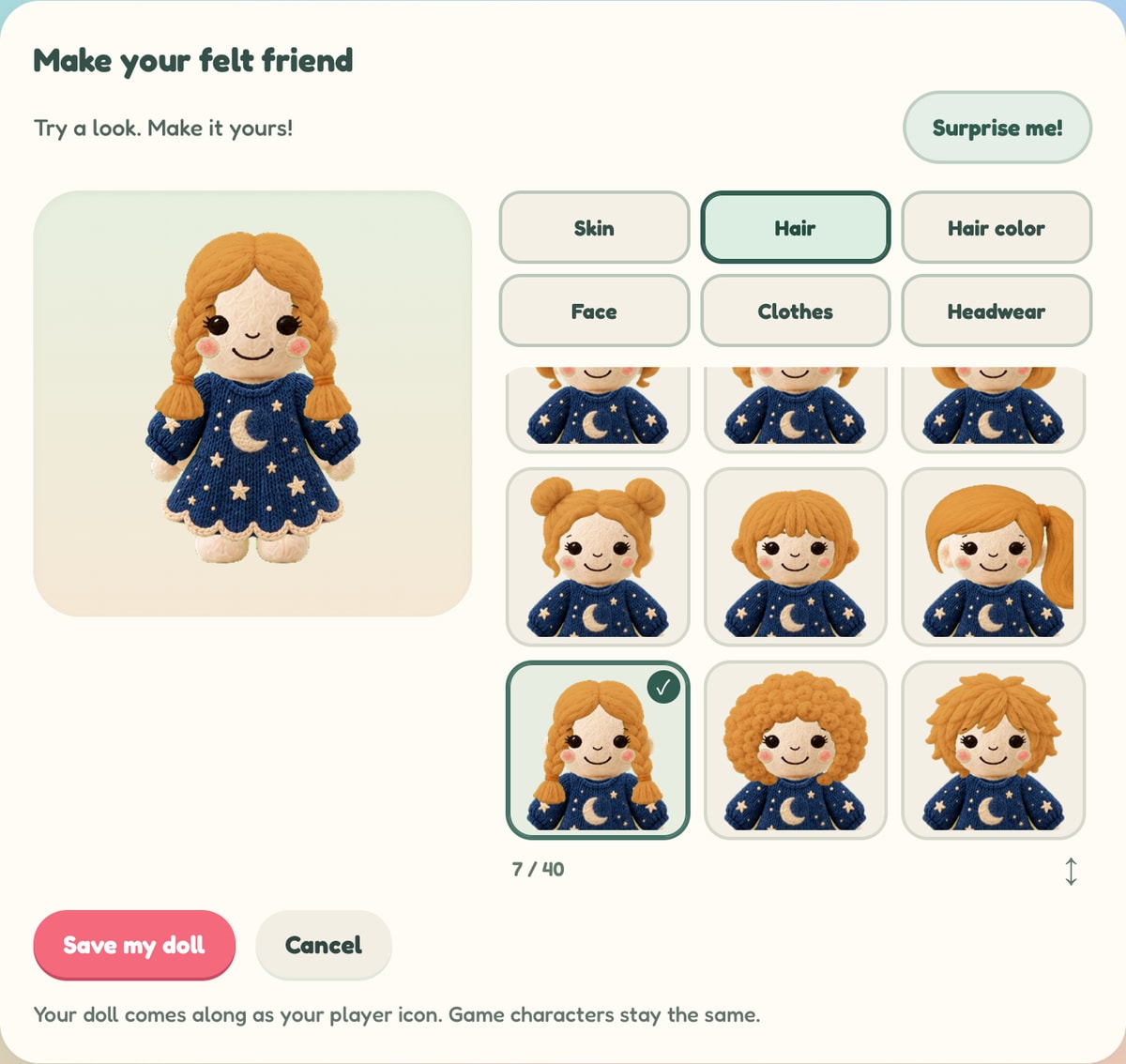The Wonderix doll maker, with a felt-doll preview and choices for skin, hair, hair color, face, clothes and headwear.