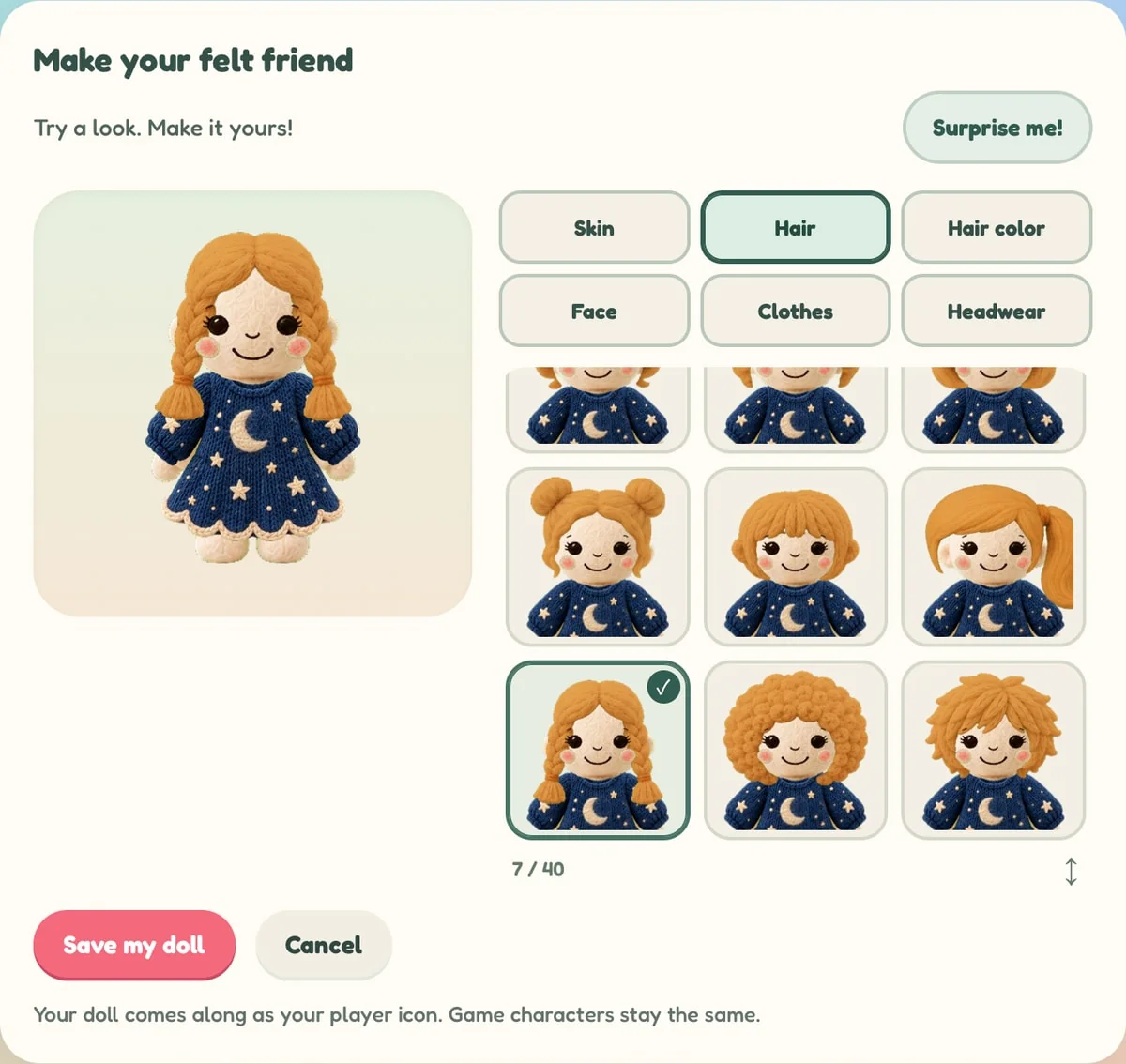 The Wonderix doll maker, with a felt-doll preview and choices for skin, hair, hair color, face, clothes and headwear.