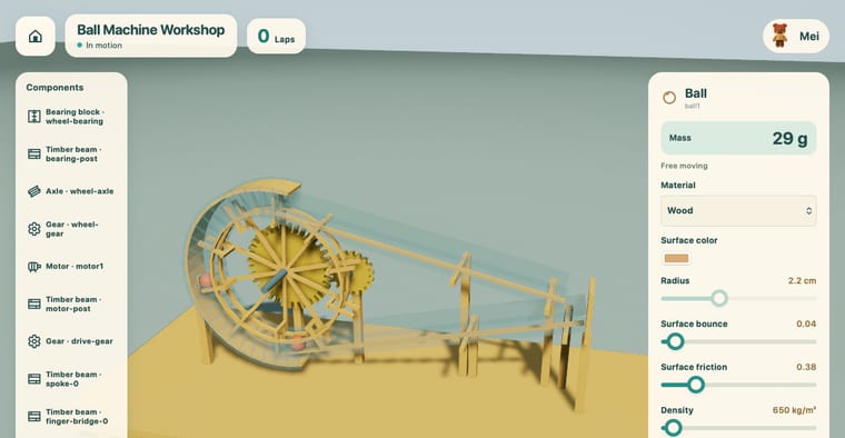 A wooden geared wheel and ramp built in a 3D workshop, with a parts list on the left and sliders for the ball's mass, material and friction on the right.