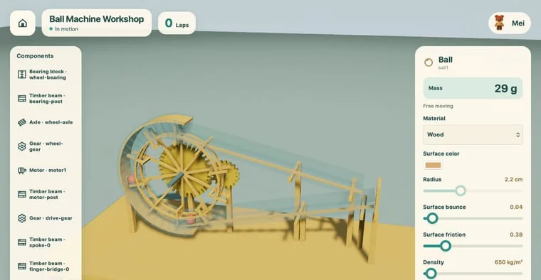 A wooden geared wheel and ramp built in a 3D workshop, with a parts list on the left and sliders for the ball's mass, material and friction on the right.