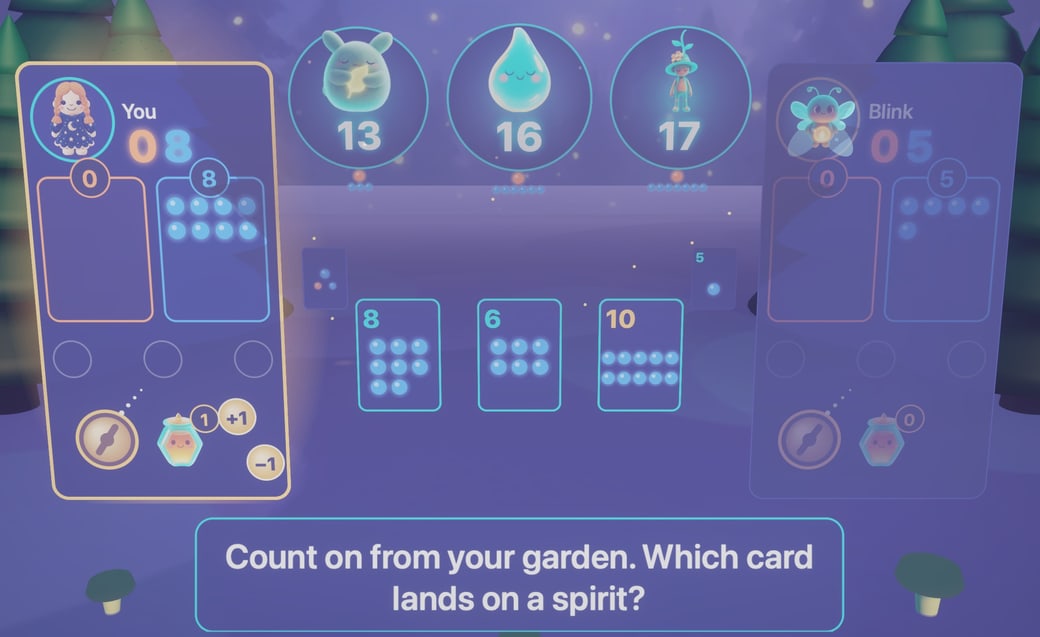Glowvale gameplay with a felt-doll player icon. The child has 8 sparks, three cards to choose from, and sleeping spirits waiting for 13, 16 and 17.