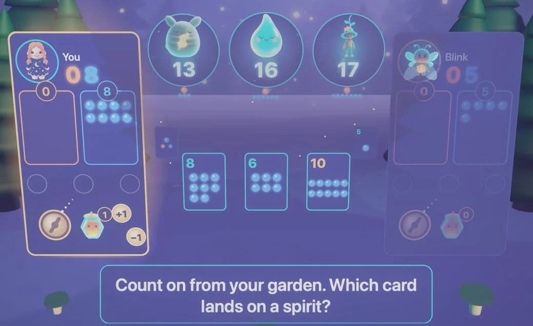 Glowvale gameplay with a felt-doll player icon. The child has 8 sparks, three cards to choose from, and sleeping spirits waiting for 13, 16 and 17.