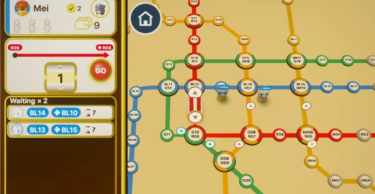 A metro map with a direction arrow, a stop counter set to one, a GO button, and two waiting passengers.