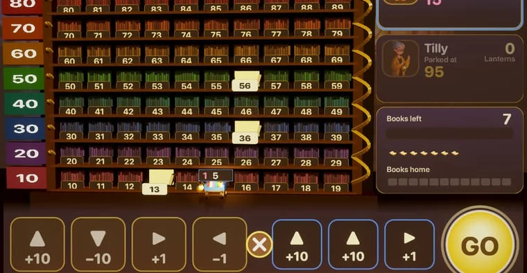 A library of numbered shelves, with three jump tiles chosen along the bottom and a GO button waiting.